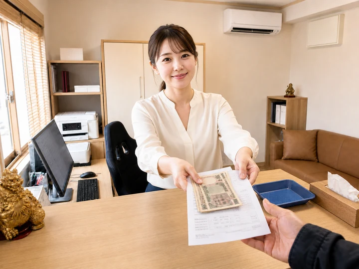 女性スタッフが注文書と現金をお客様に渡す受付・精算のイメージ