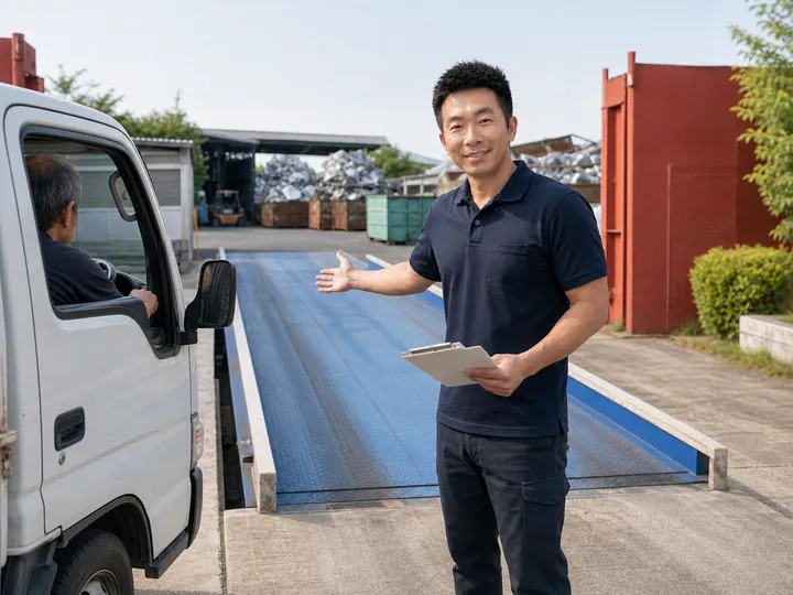 男性スタッフがトラックを計量設備へ案内する受付・計量対応のイメージ